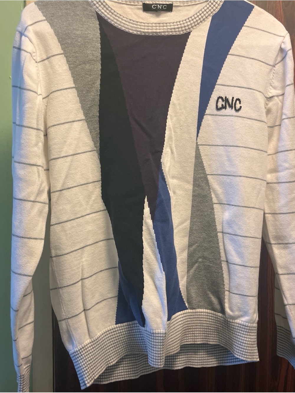 Men's White Multi-Color Geometric Knit Sweater